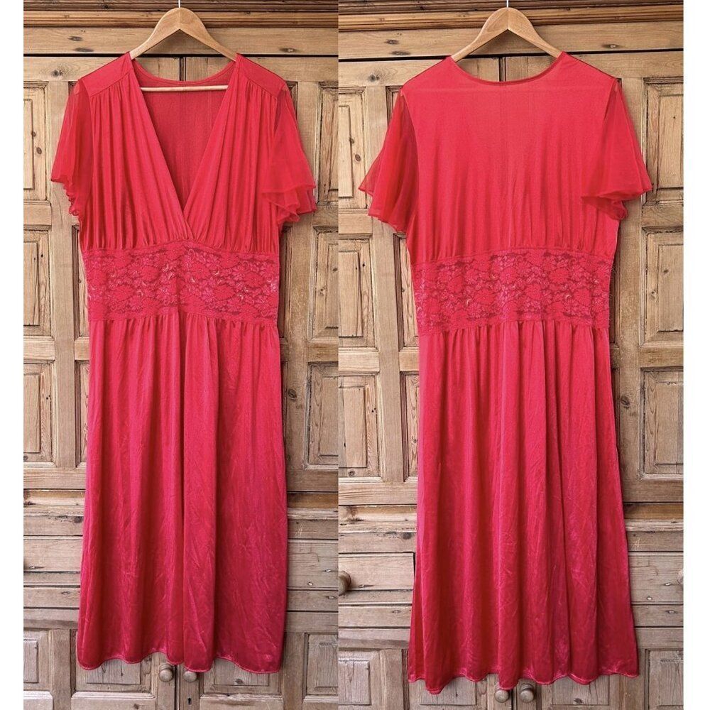 Vintage Midnite Romance 2X Nylon Night Gown Pajama Sleep Red Pink‎ Negligee